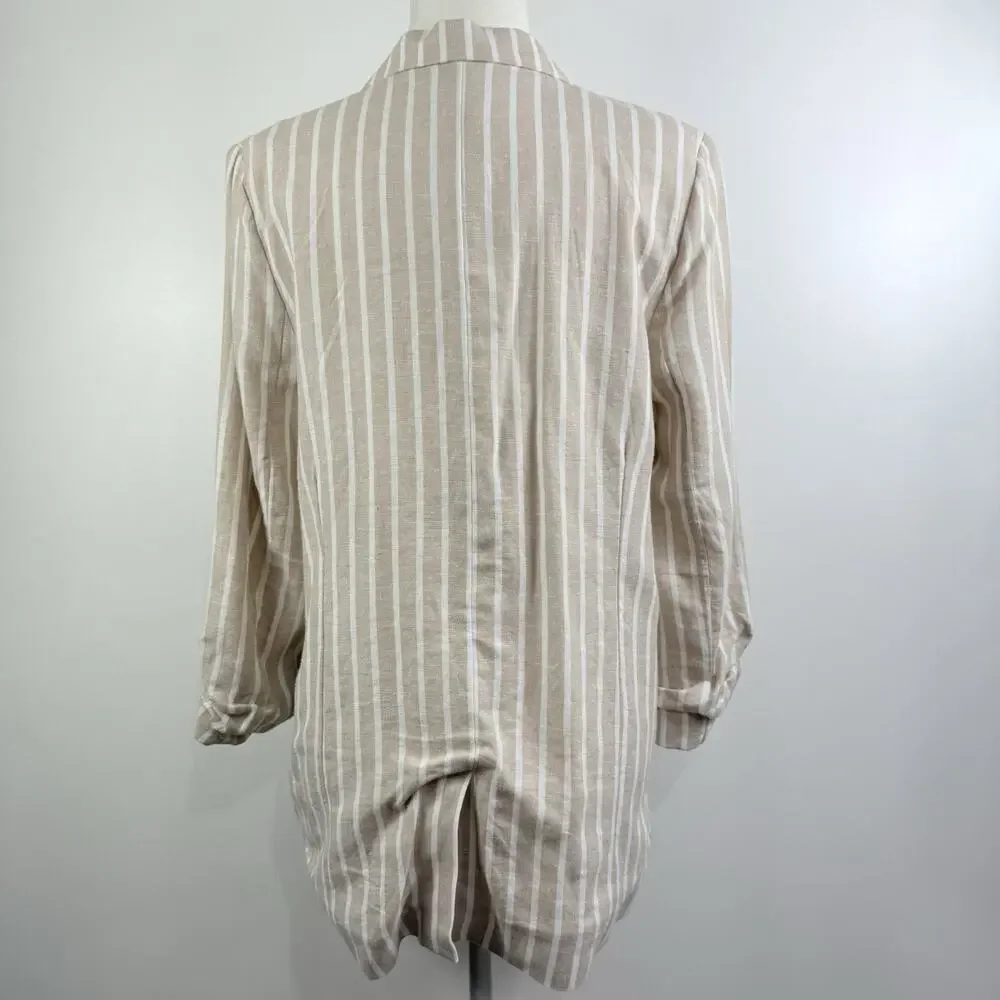Oversized Beige Striped BP. Boyfriend Blazer Small Cinched 3/4 Sleeve Neutral